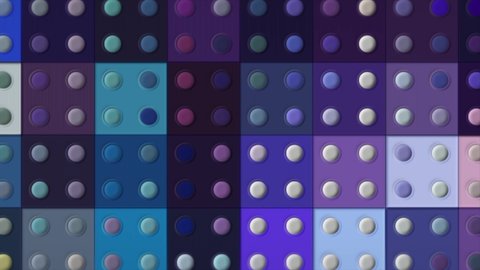 Colorful flashing cubes with dots. Motion. Colorful squares with dots blink in different colors. Rotating background of colorful lego squares