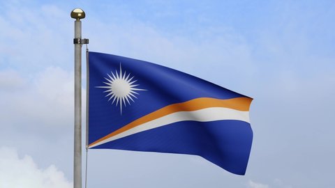 3D, Marshallese flag waving on wind with blue sky and clouds. Marshall banner blowing, soft and smooth silk. Cloth fabric texture ensign background. National day and country occasions concept.