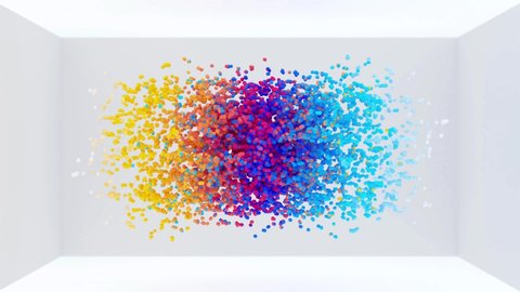 3d render of abstract art 3d animation video with surreal color explosion rainbow color splash based on small balls or spheres particles in white empty room with depth of field effect