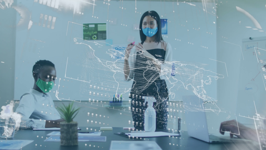 Animation of financial data processing over diverse business people with face masks at meeting. global business and digital interface during covid 19 pandemic concept digitally generated video. - Powered by Shutterstock - Get 15% off with code: PIKWIZARD15