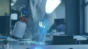 Animation of financial data processing over people wearing safety suits disinfecting office. global business and digital interface during covid 19 pandemic concept digitally generated video. - Powered by Shutterstock - Get 15% off with code: PIKWIZARD15