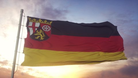 Rhineland-Palatinate flag, Germany, waving in the wind, sky and sun background