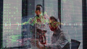 Animation of financial data processing over diverse business people with face masks taking notes. global business and digital interface during covid 19 pandemic concept digitally generated video. - Powered by Shutterstock - Get 15% off with code: PIKWIZARD15