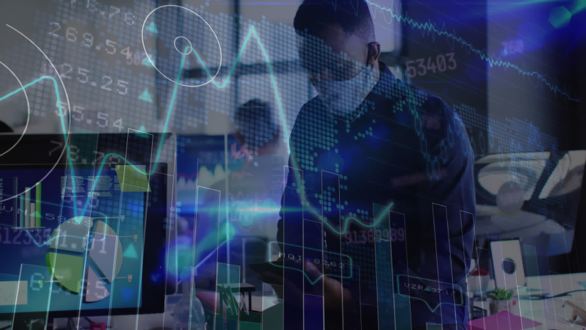 Animation of financial data processing over businessman with face mask using smartphone in office. global business and digital interface during covid 19 pandemic concept digitally generated video. - Powered by Shutterstock - Get 15% off with code: PIKWIZARD15