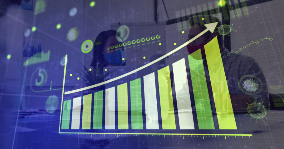 Animation of financial data processing over business people with face masks talking in office. global business and digital interface during covid 19 pandemic concept digitally generated video.
