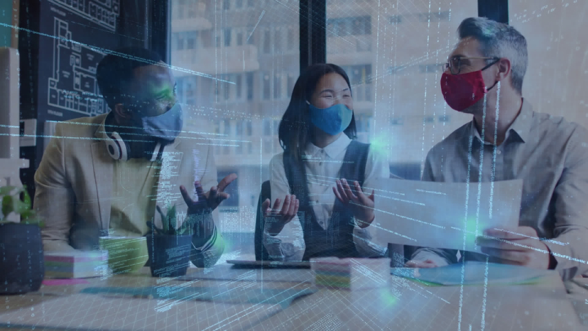 Animation of financial data processing over diverse business people with face masks at meeting. global business and digital interface during covid 19 pandemic concept digitally generated video. - Powered by Shutterstock - Get 15% off with code: PIKWIZARD15