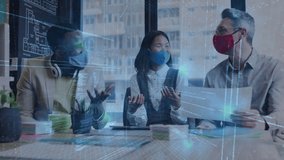 Animation of financial data processing over diverse business people with face masks at meeting. global business and digital interface during covid 19 pandemic concept digitally generated video. - Powered by Shutterstock - Get 15% off with code: PIKWIZARD15
