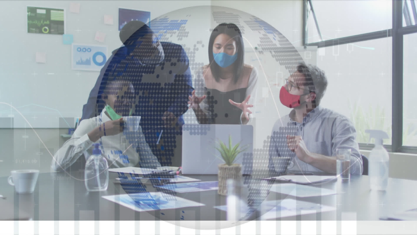 Animation of financial data processing over diverse business people with face masks at meeting. global business and digital interface during covid 19 pandemic concept digitally generated video. - Powered by Shutterstock - Get 15% off with code: PIKWIZARD15