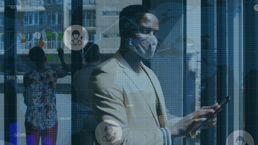 Animation of financial data processing over businessman with face mask using smartphone in office. global business and digital interface during covid 19 pandemic concept digitally generated video. - Powered by Shutterstock - Get 15% off with code: PIKWIZARD15