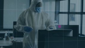 Animation of financial data processing over man wearing safety suit and disinfecting office. global business and digital interface during covid 19 pandemic concept digitally generated video.