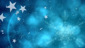 Animation of christmas stars and snow falling over blue background. christmas, tradition and celebration concept digitally generated video.