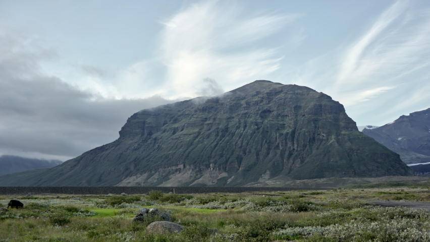Wide Lockdown Shot Of Meadow With Lone Sheep Grazing And Car Driving Towards Mountains Under Cloudy, Blue Sky, Iceland