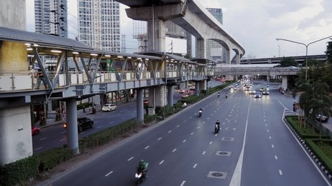 Bangkok , Bangkok , Thailand - 10 27 2021: Skywalk connecting the sky train station on the main road in Lat Phrao area, Bangkok, Thailand