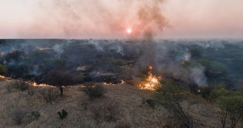 Climate emergency.Climate change. Global warming. Aerial view of a grass fire caused by drought and climate change, Southern Africa