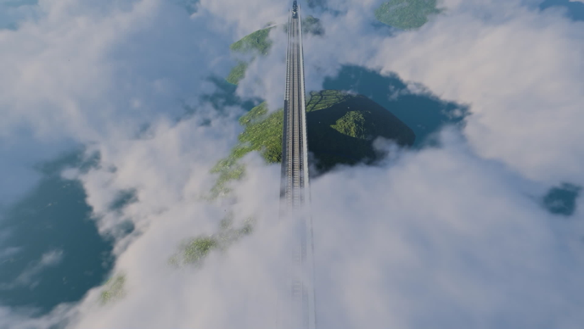 Train in the clouds above the mountains, top view
