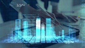 Artificial intelligence smart city metaverse iot internet network technology control HUD interface, 3D city model with digital big data analyzing computer coding monitor screen - Powered by Shutterstock - Get 15% off with code: PIKWIZARD15