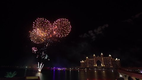 fireworks in dubai against the backdrop of the huge atlantis hotel Dubai, UAE . 2019.11.30