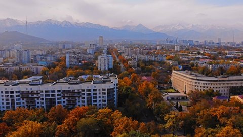 Drone flight over Almaty, beautiful views of the city from the sky.