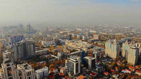 Drone flight over Almaty, beautiful views of the city from the sky. Drone view