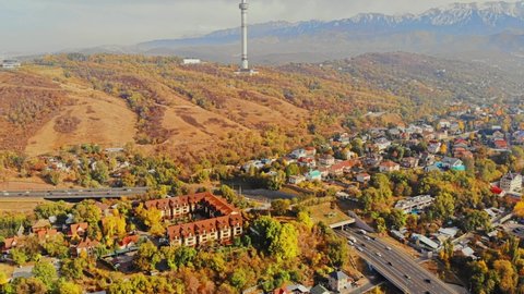Koktobe  from a bird's eye view in the city of Almaty Kazakhstan.  Nice view of the city from the drone.