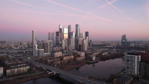 Sunset in Moscow. Aerial view.