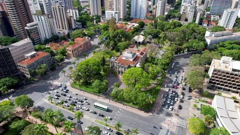 Cityscape of Belo Horizonte, state of Minas Gerais, Brazil. Aerial landscape of state government building palace at Liberty Square, landmarks of capital city. Belo Horizonte, Minas Gerais, Brazil.