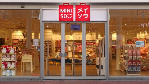 Eindhoven, The Netherlands, October 29 2021. Miniso retail store entrance in the centre with low cost Chinese goods from a popular Asian franchise chain. New business