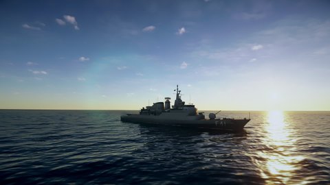 Animation of a frigate of the naval forces sailing in the ocean. The radar of a warship scanning the ocean.