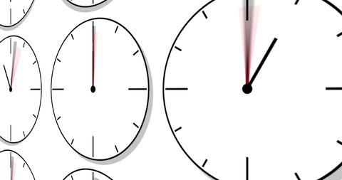 Wall Clock animation. Seamless motion animated footage, white background, time concept. Move over many clocks, 24 hour Timelapse, spinning seamless loop. Wall Clocks in different time zone.