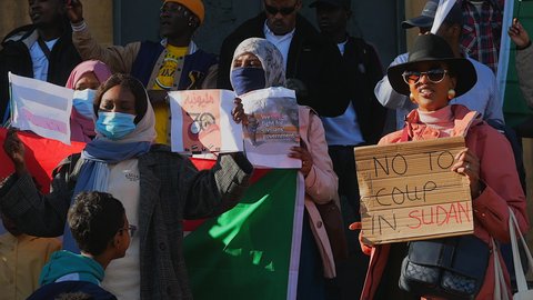 Norwich, Norfolk, United Kingdom. October 30, 2021. Protest against military coup in Sudan at Norwich City Hall.