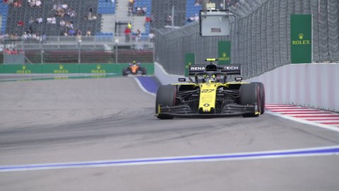 SOCHI, RUSSIA - 29 September 2019: F1 Renault team at Free Practice at  Formula 1 Grand Prix of Russia 2019, 4K High quality editorial footage