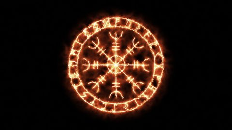 Animated runic sign. Runic fire sign on a black background. Helmet of terror. Loop.
