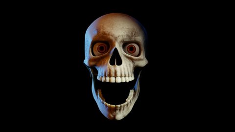 Funny Human Skull with Red eyes appearing from shadow. Opens his mouth and shouts. Halloween concept theme. ProRes 422HQ mov 10bit with luma matte channel. 3d Rendering.