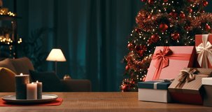 Christmas tree and beautiful gifts at home, video loop