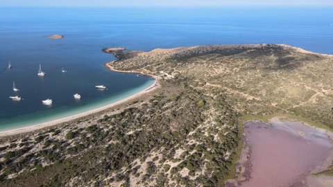 Formentera island beach crystal clear blue sea water drone aerial beautiful tropical
