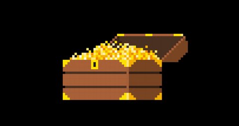 Animation of pixel treasure chest. Chest filled with coins for video game. Shine gold money. Wealth. 4k resolution.