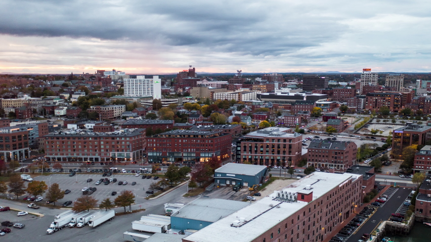 Gorgeous Aerial Timelapse of Portland, Maine Old Port during sunrise