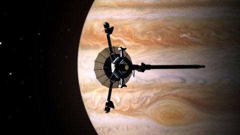 High quality 3D CGI animated render of the Galileo in orbit around the planet Jupiter as it spins slowly, with the dramatic and awe inspiting red spot of Jupiter in the background