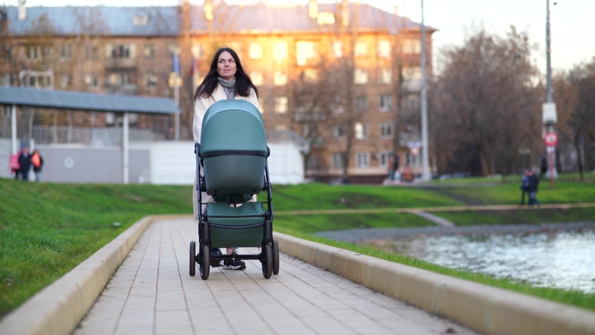 Mother with baby stroller on walk in the park by pond Royalty-Free Stock Footage #1081568192