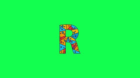 Letter R. Animated unique font made of circles and triangles, polygons. Bauhaus geometric mosaic style. Bright colors. Letter R for icons, logos, interface elements. Green chromakey background, 4K