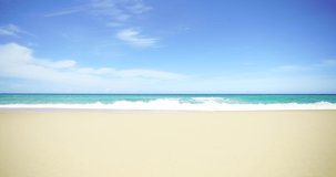 Seascape good clouds blue sky island sunny. Sea wave slow water splash shore golden sandy beach summer day. Travel tropical beach vacation relax seaside paradise. Video 4k copy space area.