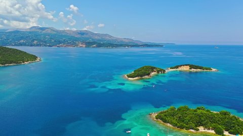 Seascape. Aerial view of tropical island, beach and lagoon. Albania