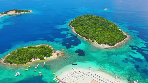 Seascape. Aerial view of tropical island, beach and lagoon. Albania