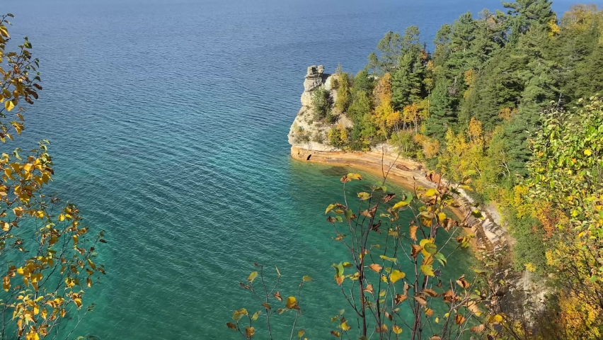 Autumn fall view of Miners Castle Rock Point in Pictured Rocks National Lakeshore in Michigan