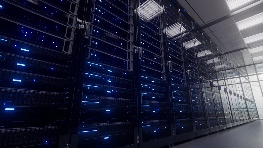 Modern interior server room data center. Cloud computing datacenter server room. Connection and cyber network. Backup, mining, hosting, mainframe, farm, cloud and computer rack. 4K UHD 3d animation Royalty-Free Stock Footage #1081575374