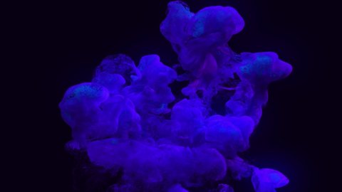 3d blue ink inject in water on black background with luma matte as alpha channel. Particle ink. Ink effect with massive ink plume. Puffs of paint underwater for effects or bright bg or composition