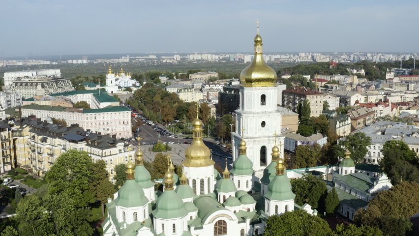 View Of St. Sophia Cathedral Complex In Kiev, Ukraine, Europe During Summer - drone descending