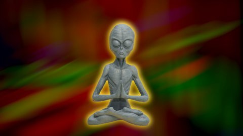 Computer animated Alien doing Yoga and Colorful Northern Lights flashing on black sky in background - Aurora Borealis 