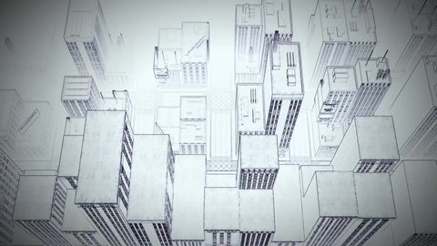 Outline drawing of the city top view. Drawn city with skyscrapers.Wire frame white city.Fly over the top of the abstract 3D city of white. Approach and distance to the height of a decent flight.