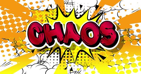 Chaos word, text on green screen. Motion poster. 4k animated Comic book word text moving on abstract comics background. Retro pop art style.